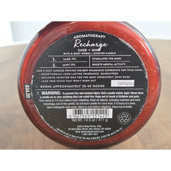 Bath & Body Works Aromatherapy Recharge Sage Mint 3 Wick Candle 14.5 oz New - Picture 3 of 3